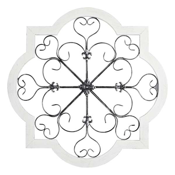 Honeybloom Barbed Quatrefoil Scroll Medallion White Metal & Wood Wall Decor, 36"