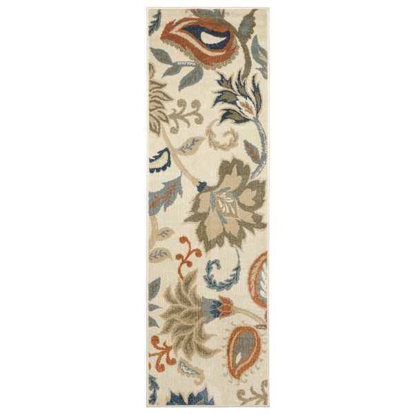 (D463) Casey Ivory, Grey & Blue Floral Runner, 2x7