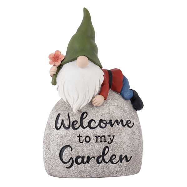 Welcome Gnome on Rock Outdoor Garden Statue, 9"