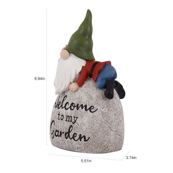 Welcome Gnome on Rock Outdoor Garden Statue, 9"
