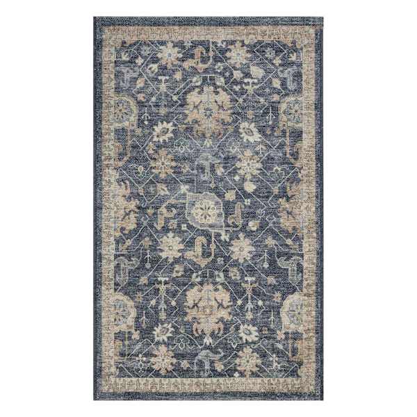 Navy Blue Floral Print Washable Accent Rug, 27x45