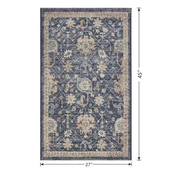 Navy Blue Floral Print Washable Accent Rug, 27x45