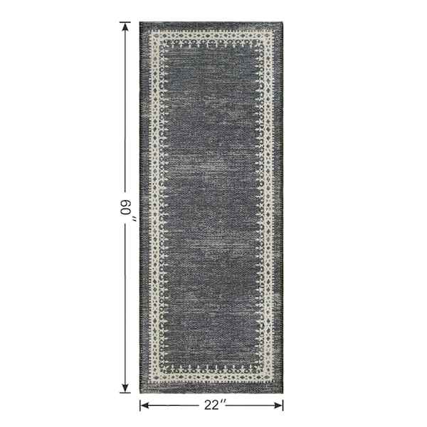 Bistro Charcoal Border Gelback Washable Kitchen Runner, 2x5