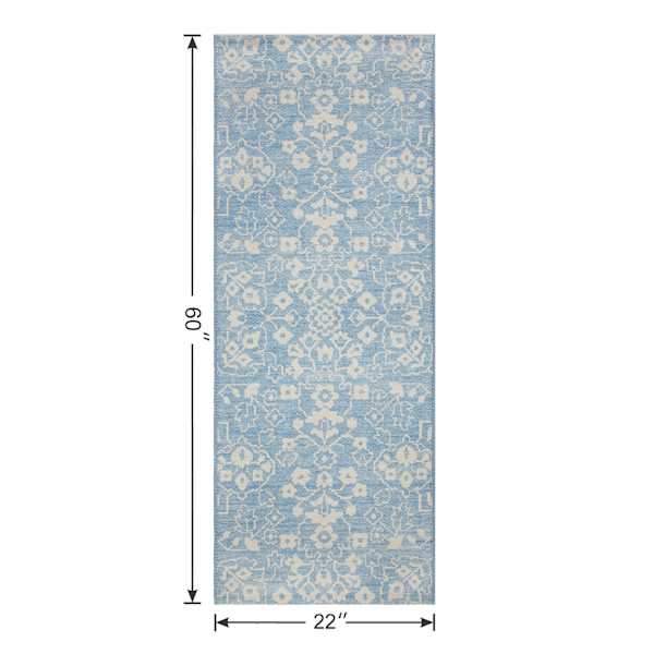 Bistro Light Blue Floral Washable Kitchen Rug with Gelback, 22x60