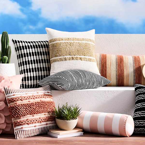Honeybloom tan white block stripe square outdoor pillow At Home