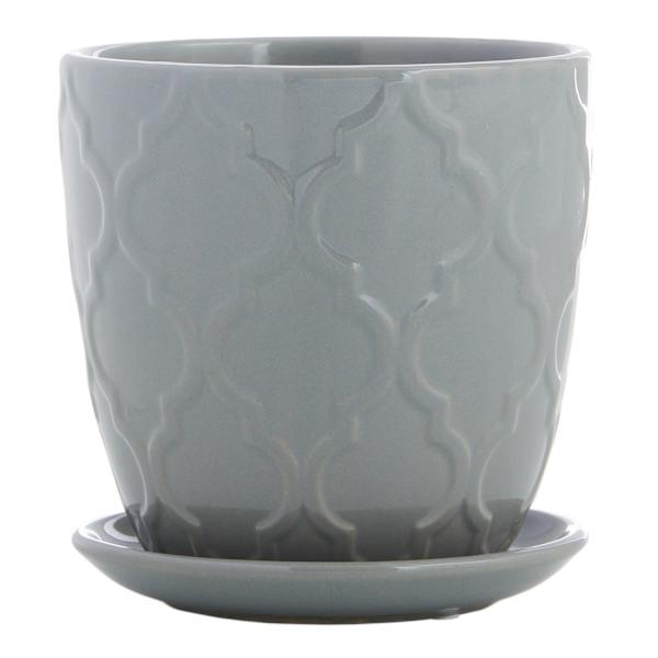 Indoor Grey Embossed Ceramic Pot with Saucer, Medium