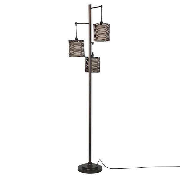 Bronze 3-Light Floor Lamp with Rattan Shades, 71"