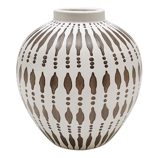 Tracey Boyd White & Tan Tribal Round Vase, 9.4"