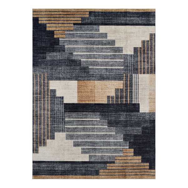 (B874) Crosby St. Dove Navy & Gold Washable Area Rug, 5x7
