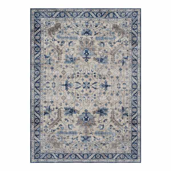 (B876) Dove Ivory & Blue Medallion Washable Area Rug, 5x7