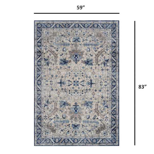 (B876) Dove Ivory & Blue Medallion Washable Area Rug, 5x7