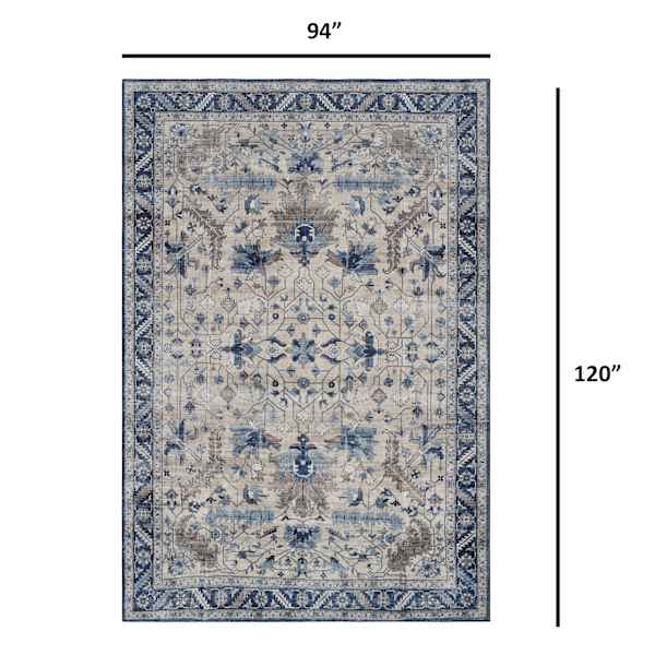 (B876) Dove Ivory & Blue Medallion Washable Area Rug, 8x10
