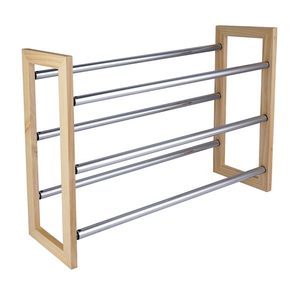 3-Tier Bamboo & Silver Expandable Shoe Rack