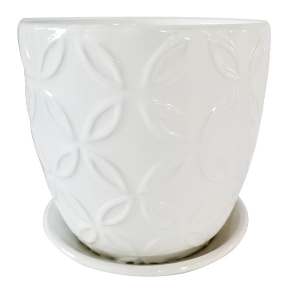 Indoor White Flower Embossed Ceramic Pot with Saucer, Medium
