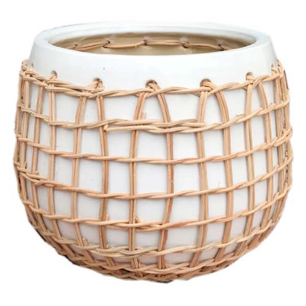 Tracey Boyd Indoor White Round Wicker Weave Pot, Small