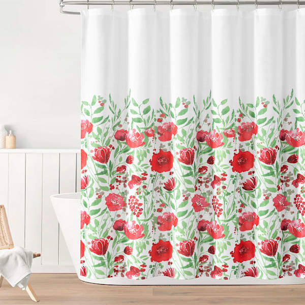 13-Piece Red Floral Watercolor Pop Shower Curtain Set, 72"