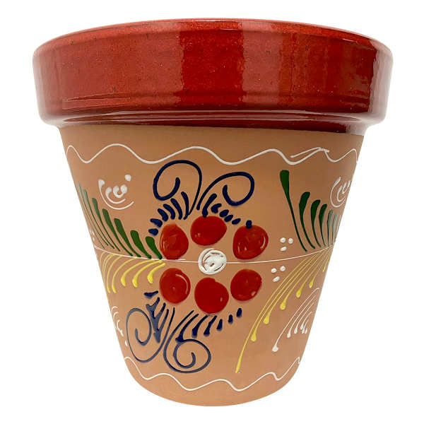 Hand Painted Spanish Natural with Red Rim Outdoor Planter, Medium