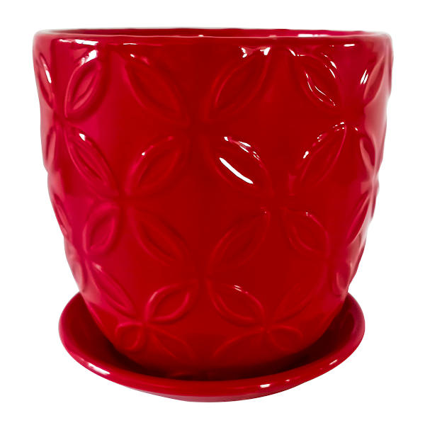 Indoor Red Flower Embossed Ceramic Pot with Saucer, Medium