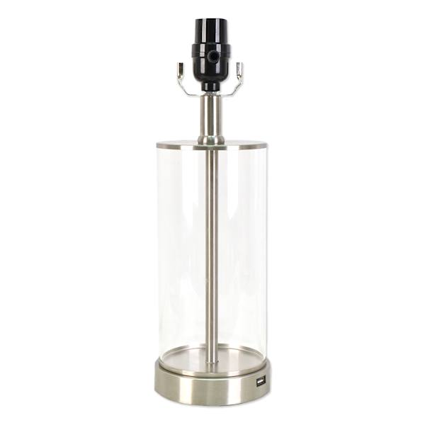 Silver & Glass Column Small Lamp Base with USB, 17"