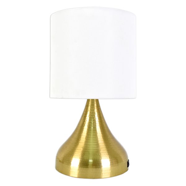 Gold Tapered Cone Small Table Lamp with Shade & USB, 15"