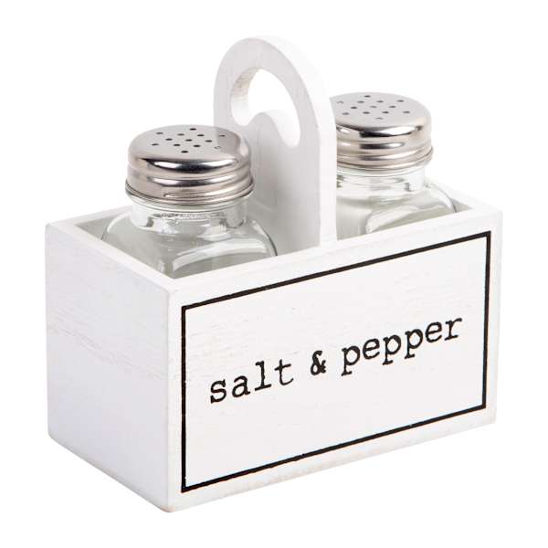 White & Black Salt & Pepper Shakers with Caddy