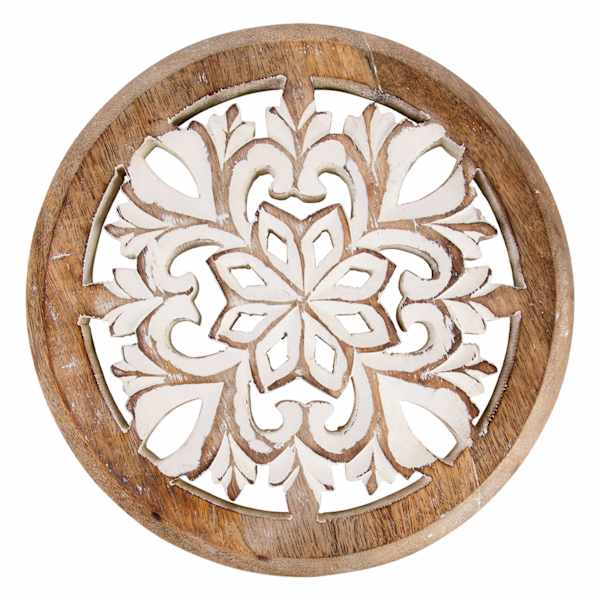 Flower Cut-Out Carved Wooden Trivet, 9"