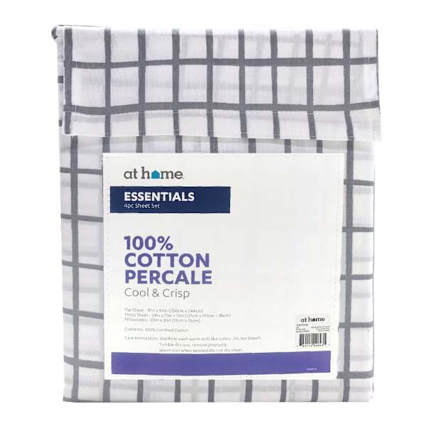 4-Piece Grey Grid 200 Thread Count Essentials Sheet Set, Full