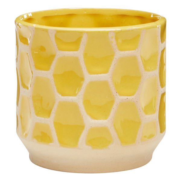 Honeycomb Indoor Yellow Patterned Stoneware Pot, Small