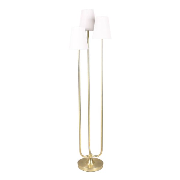 Providence Brushed Brass Triple Head Floor Lamp with White Fabric Shades, 65"