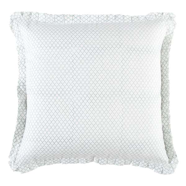 Providence White Cotton Block Print Throw Pillow with Pleated Edge, 18"