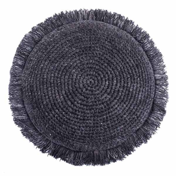 Found & Fable Black Knitted Round Throw Pillow with Fringe, 16"