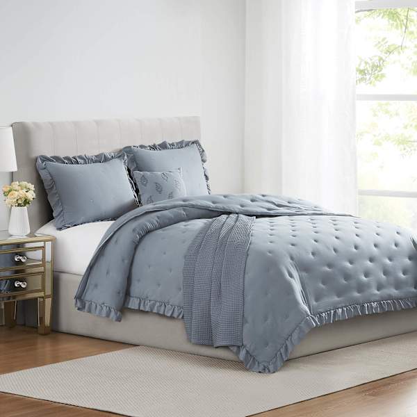 Honeybloom 5-Piece Light Blue Garment Washed Ruffle Comforter Set, Full/Queen