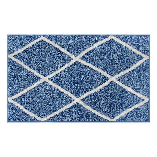 Blue & White Knitted Diamond Gel Back Washable Accent Rug, 21x34