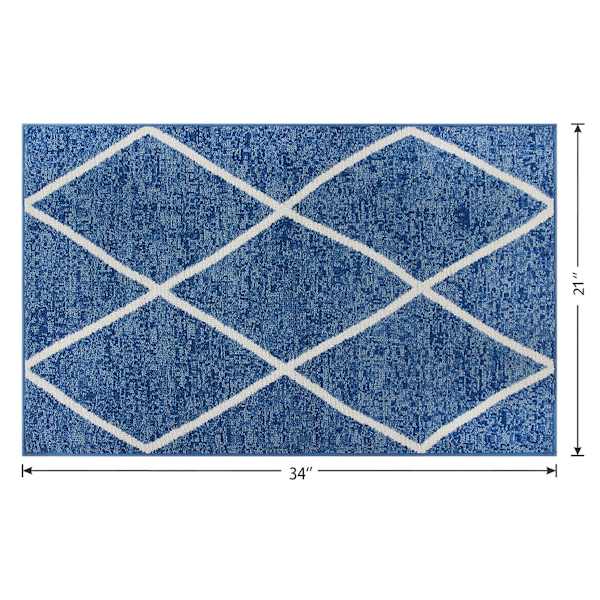 Blue & White Knitted Diamond Gel Back Washable Accent Rug, 21x34