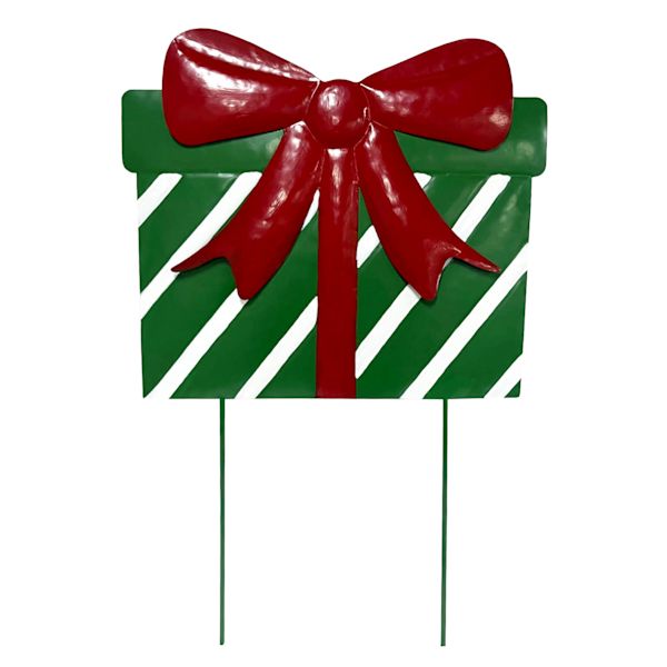 Classic Christmas Green & Red Metal Present Yard Stake, 22"