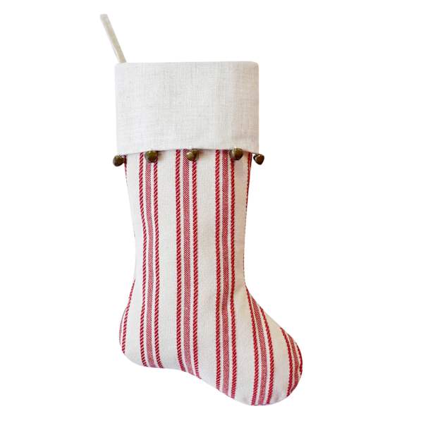 Homespun Holiday Red Striped Stocking with Bells, 20"