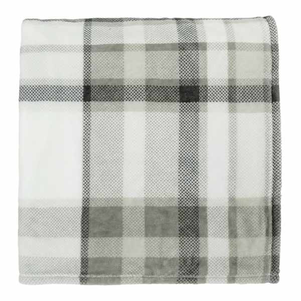 Honeybloom Grey Plaid Plush Bed Blanket, Full/Queen