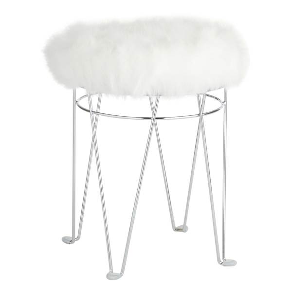 Rion Chrome Wire Vanity Stool & Padded White Faux Fur Seat