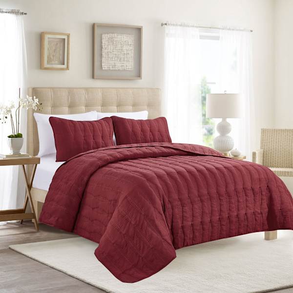 Providence 3-Piece Red Embroidered Washed Microfiber Quilt Set, King
