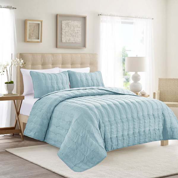 Providence 3-Piece Light Blue Embroidered Washed Microfiber Quilt Set, King