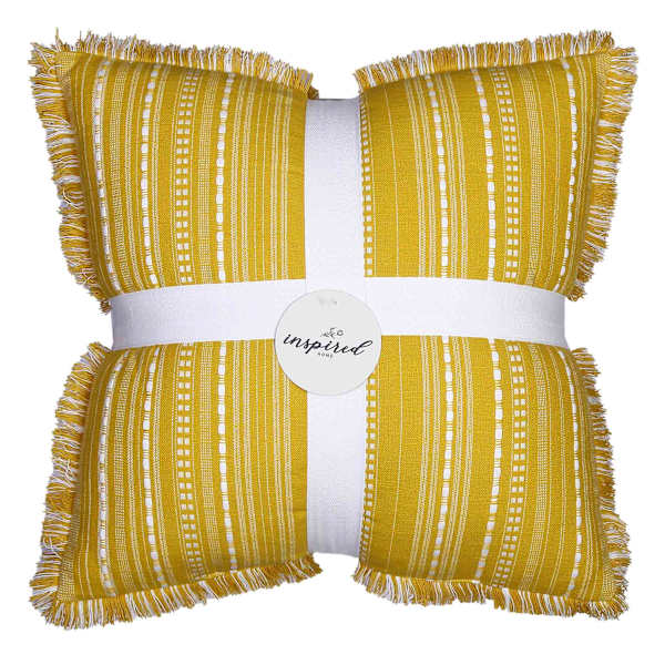 Yellow Striped Throw Pillow with Fringe, 20"