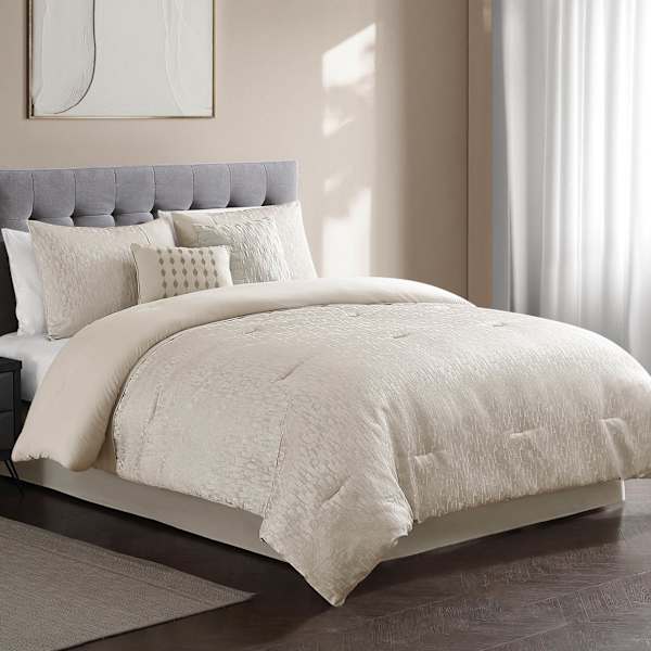 6-Piece White Brushstroke Jacquard Comforter Set, Queen