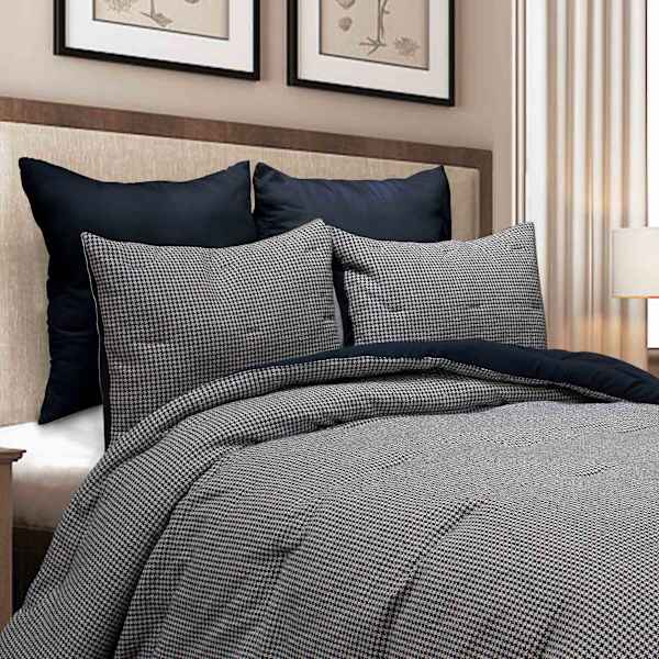 Crosby St. 3-Piece Navy Houndstooth Cotton Comforter Set, Full/Queen
