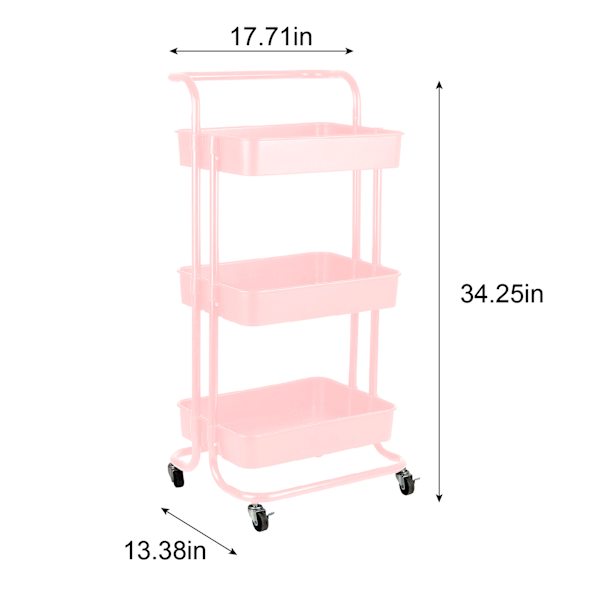 3-Tier Rolling Storage Cart, Pink