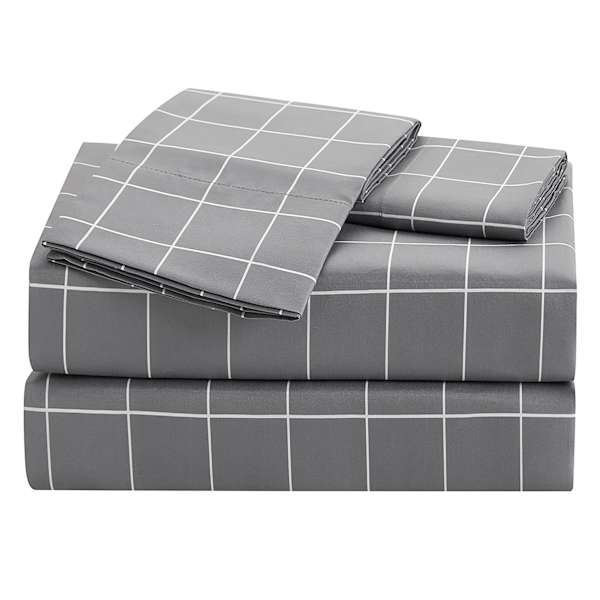 4-Piece Grid Print Cooling Microfiber Sheet Set, Queen
