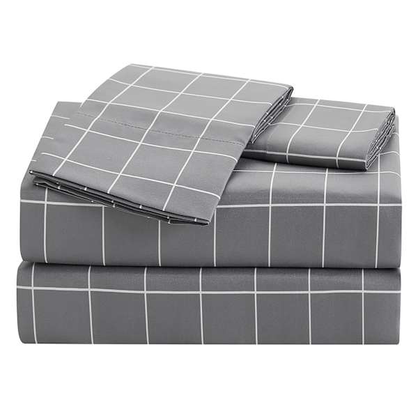 4-Piece Grid Print Cooling Microfiber Sheet Set, King