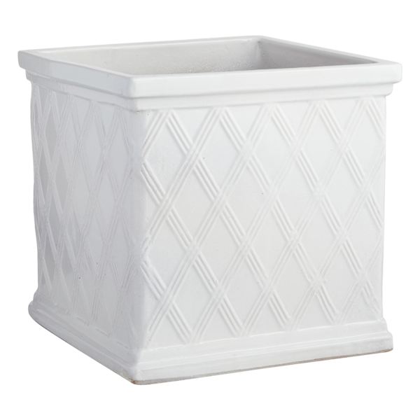 Providence White Lattice Ceramic Square Outdoor Planter, Large