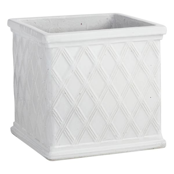 Providence White Lattice Ceramic Square Outdoor Planter, Medium