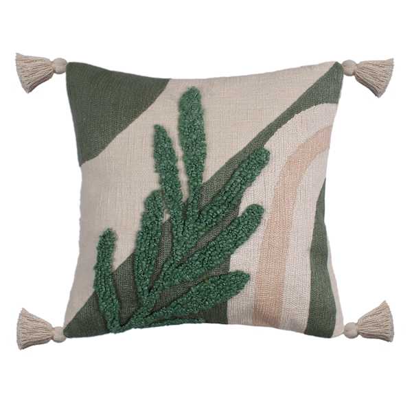 Green Embroidered Throw Pillow with Corner Tassels, 14"