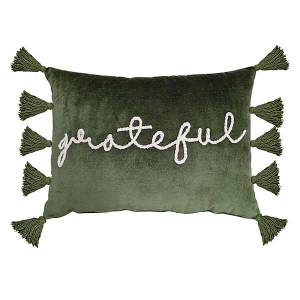 Honeybloom Green Grateful Throw Pillow With Tassels, 14x20